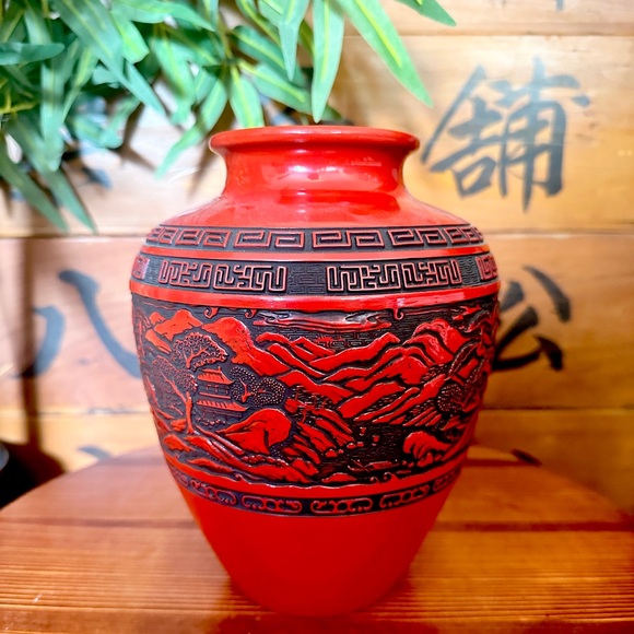 Japanese Flower Vase Red Cinnabar Lacquer Kabin Ikebana Kamakura Bori Ceremony - Picture 1 of 15